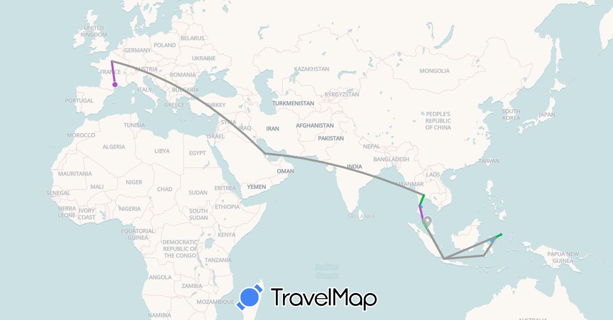 TravelMap itinerary: driving, bus, plane, train, boat in Bahrain, France, Indonesia, Malaysia, Thailand (Asia, Europe)